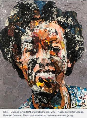 Portrait of Mbongeni Buthelezi’s wife – Plastic on Plastic Collage. Material Coloured Plastic Waste collected in the environment from 2019.